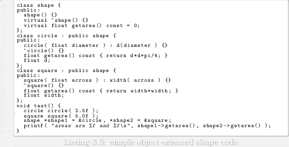 \begin{linespread}{0.75}\lstinputlisting[language=C,caption={simple object-oriented shape code},label=src:ooshape]{src/EBP_ooshape.cpp}\end{linespread}