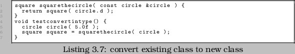 \begin{linespread}{0.75}\lstinputlisting[language=C,caption={convert existing class to new class},label=src:shapechange]{src/EBP_shapechange.cpp}\end{linespread}