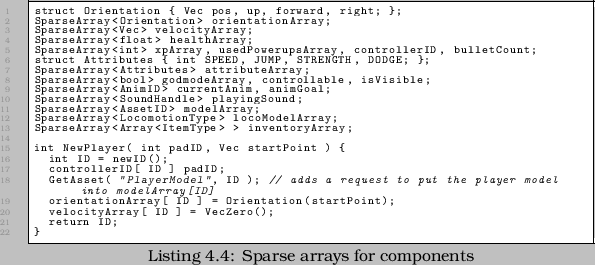 \begin{linespread}{0.75}\lstinputlisting[language=C,caption={Sparse arrays for components},label=src:sparse]{src/COMP_Sparse.cpp}\end{linespread}
