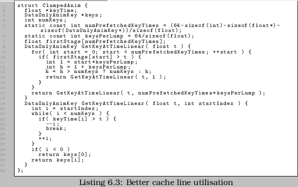 \begin{linespread}{0.75}\lstinputlisting[language=C,caption={Better cache line utilisation},label=src:animclu]{src/SRCH_LinearSkipping.cpp}\end{linespread}