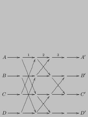 $\displaystyle \xymatrix{
A \ar[r] & \ar[r]^1 \ar[ddr] & \ar[r]^2 \ar[dr] & \ar...
...& C' \\
D \ar[r] & \ar[r] \ar[uur] & \ar[r] \ar[ur] & \ar[r] & \ar[r] & D' }
$