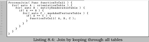 \begin{linespread}{0.75}\lstinputlisting[language=C,caption={Join by looping through all tables},label=lst:joinloop]{src/NaiveZippingTables.cpp}\end{linespread}