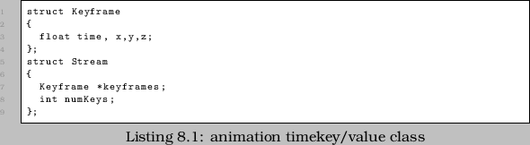 \begin{lstlisting}[caption=animation timekey/value class]
struct Keyframe
{
flo...
...,y,z;
};
struct Stream
{
Keyframe *keyframes;
int numKeys;
};
\end{lstlisting}