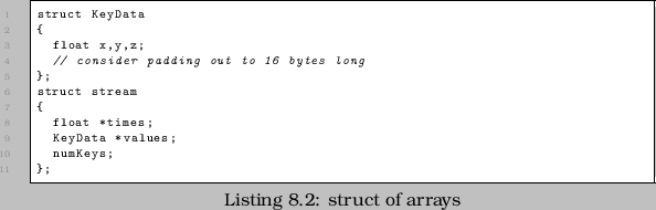 \begin{lstlisting}[caption=struct of arrays]
struct KeyData
{
float x,y,z;
// ...
...;
struct stream
{
float *times;
KeyData *values;
numKeys;
};
\end{lstlisting}
