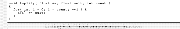 \begin{linespread}{0.75}\lstinputlisting[language=C,caption={Trivial amplification function},label=src:AVamplify]{src/HELP_AutoVecTrivial.cpp}\end{linespread}