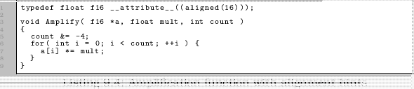 \begin{linespread}{0.75}\lstinputlisting[language=C,caption={Amplification funct...
...alignment hints},label=src:AVhinted]{src/HELP_AutoVecHinted.cpp}\end{linespread}