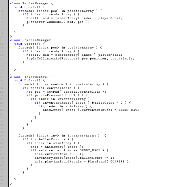 \begin{lstlisting}
class RenderManager {
void Update() {
foreach( {index,pos} ...
...nim.playingSoundHandle = PlaySound( GUNFIRE );
}
}
}
}
}
}
\end{lstlisting}