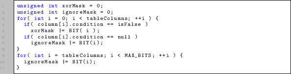 \begin{lstlisting}
unsigned int xorMask = 0;
unsigned int ignoreMask = 0;
for( i...
...ableColumns; i < MAX_BITS; ++i ) {
ignoreMask \vert= BIT(i);
}
\end{lstlisting}