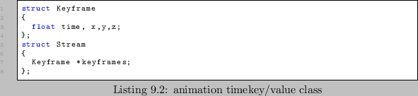 \begin{lstlisting}[caption=animation timekey/value class]
struct Keyframe
{
float time, x,y,z;
};
struct Stream
{
Keyframe *keyframes;
};
\end{lstlisting}