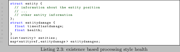 \begin{lstlisting}[caption=existence based processing style health]
struct entit...
...st<entity> entities;
map<entityref,entitydamage> entitydamages;
\end{lstlisting}