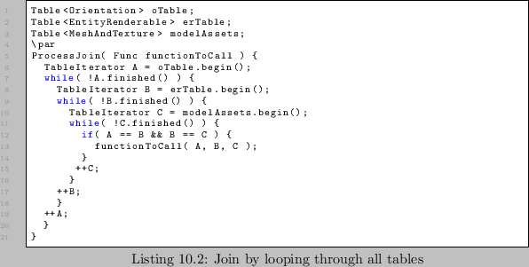 \begin{lstlisting}[caption=Join by looping through all tables,label=lst:joinloop...
...) {
functionToCall( A, B, C );
}
++C;
}
++B;
}
++A;
}
}
\end{lstlisting}