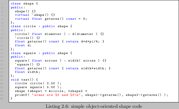 \begin{lstlisting}[caption=simple object-oriented shape code]
class shape {
publ...
...as are %f and %f\n'', shape1->getarea(), shape2->getarea() );
}
\end{lstlisting}